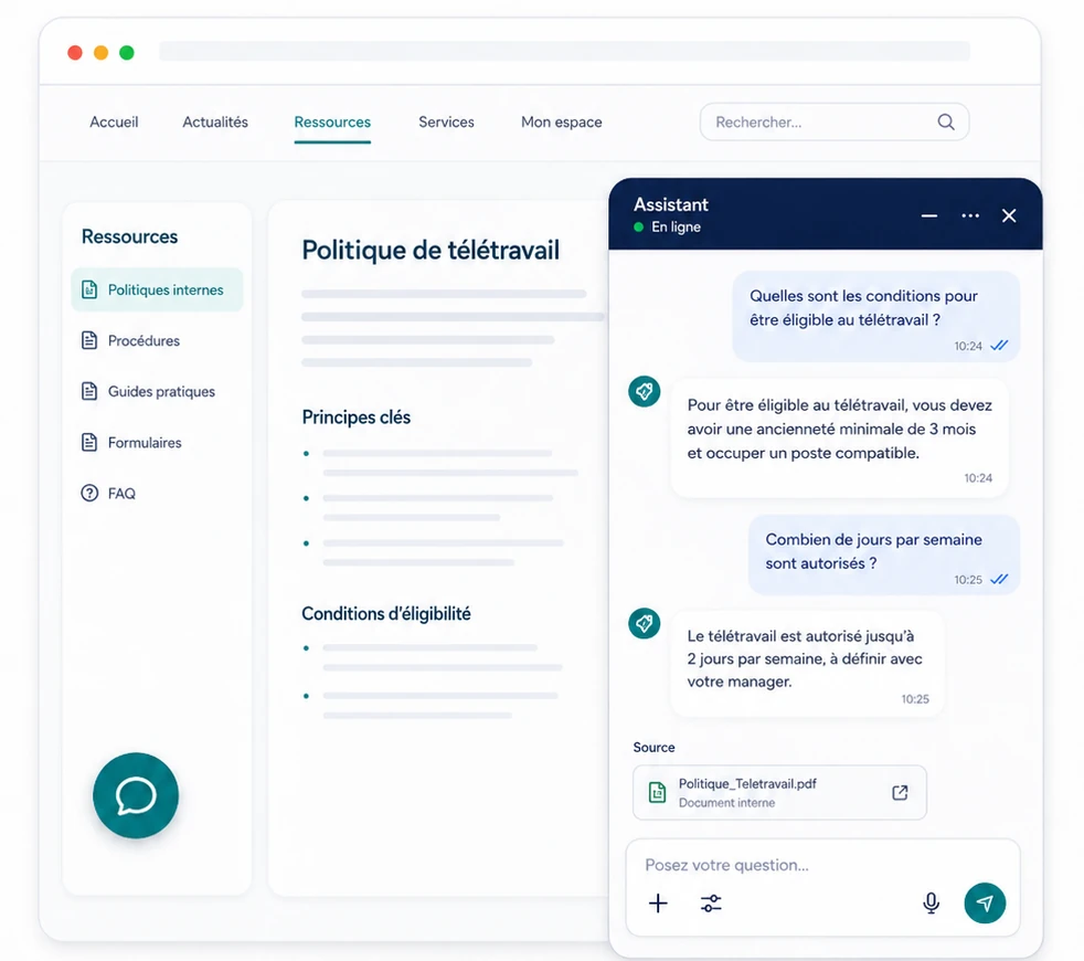 Exemple d’un widget conversationnel intégré à une page d’intranet